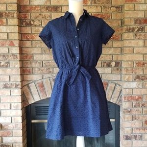 J. Crew navy blue tie-front eyelet shirt dress